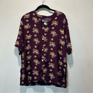 Vintage Rexx Deep Purple Floral Print V-Neck Button Down Shirt Women’s Size M
